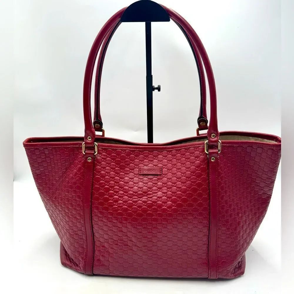 Auth Gucci Large Red Microguccisima Monogram Embossed Leather Joy Tote Bag Ex+